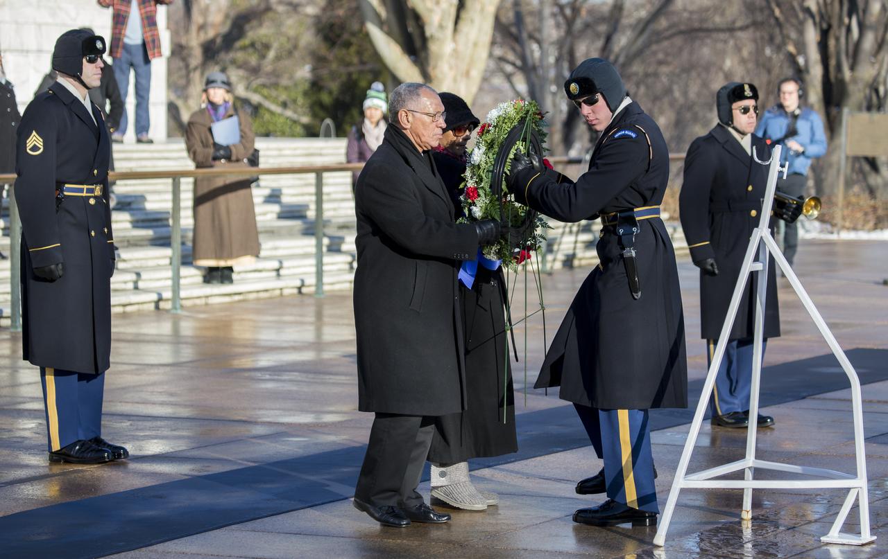 NASA Administrator Charles Bolden and his wife Alexis lay a wreath at the Tomb of the Unknowns as part of NASA's Day of Remembrance, Wednesday, Jan. 28, 2015, at Arlington National Cemetery in Arlington, Va.  The wreaths were laid in memory of those men and women who lost their lives in the quest for space exploration.  Photo Credit: (NASA/Joel Kowsky)