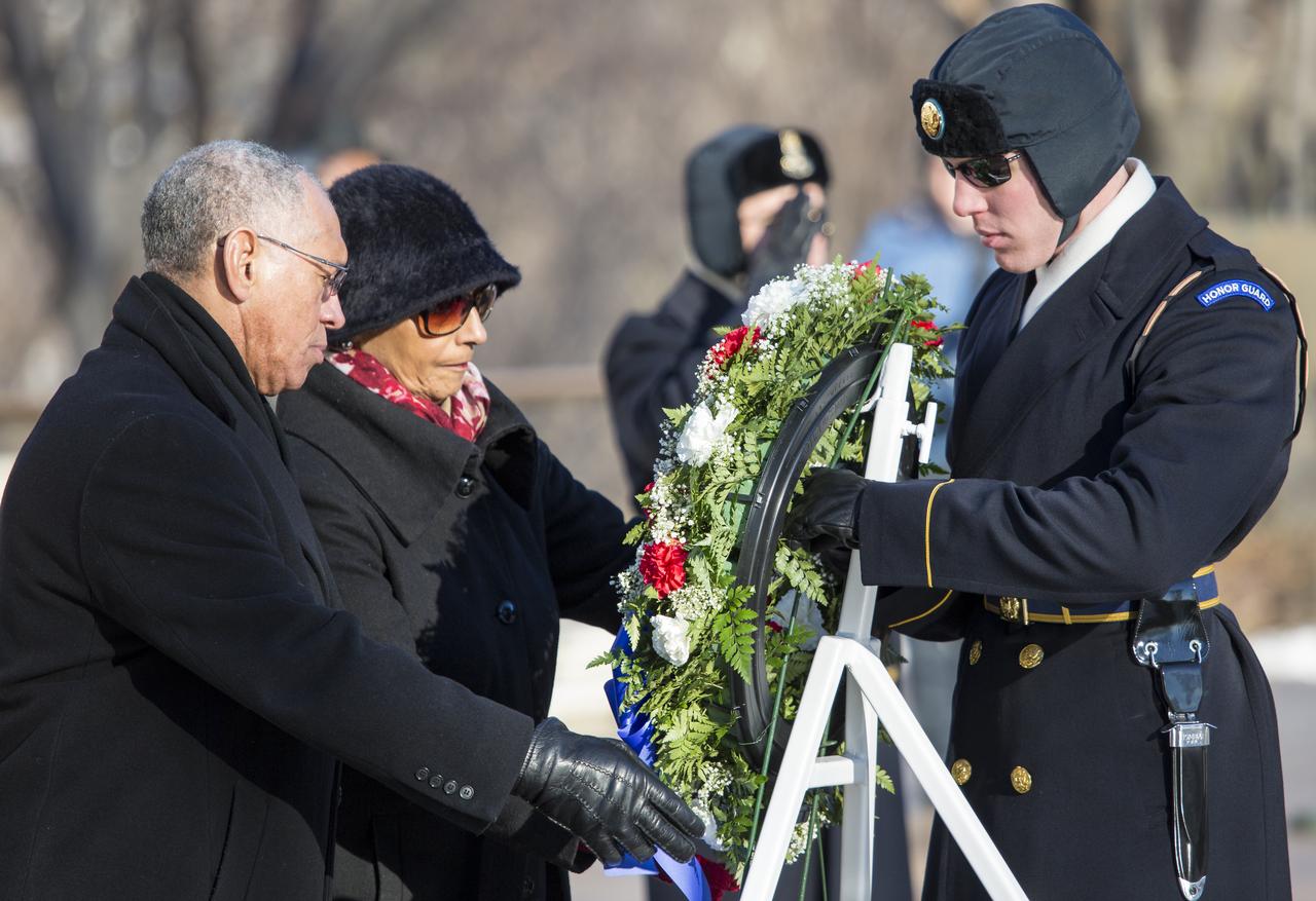 NASA Administrator Charles Bolden and his wife Alexis lay a wreath at the Tomb of the Unknowns as part of NASA's Day of Remembrance, Wednesday, Jan. 28, 2015, at Arlington National Cemetery in Arlington, Va.  The wreaths were laid in memory of those men and women who lost their lives in the quest for space exploration.  Photo Credit: (NASA/Joel Kowsky)