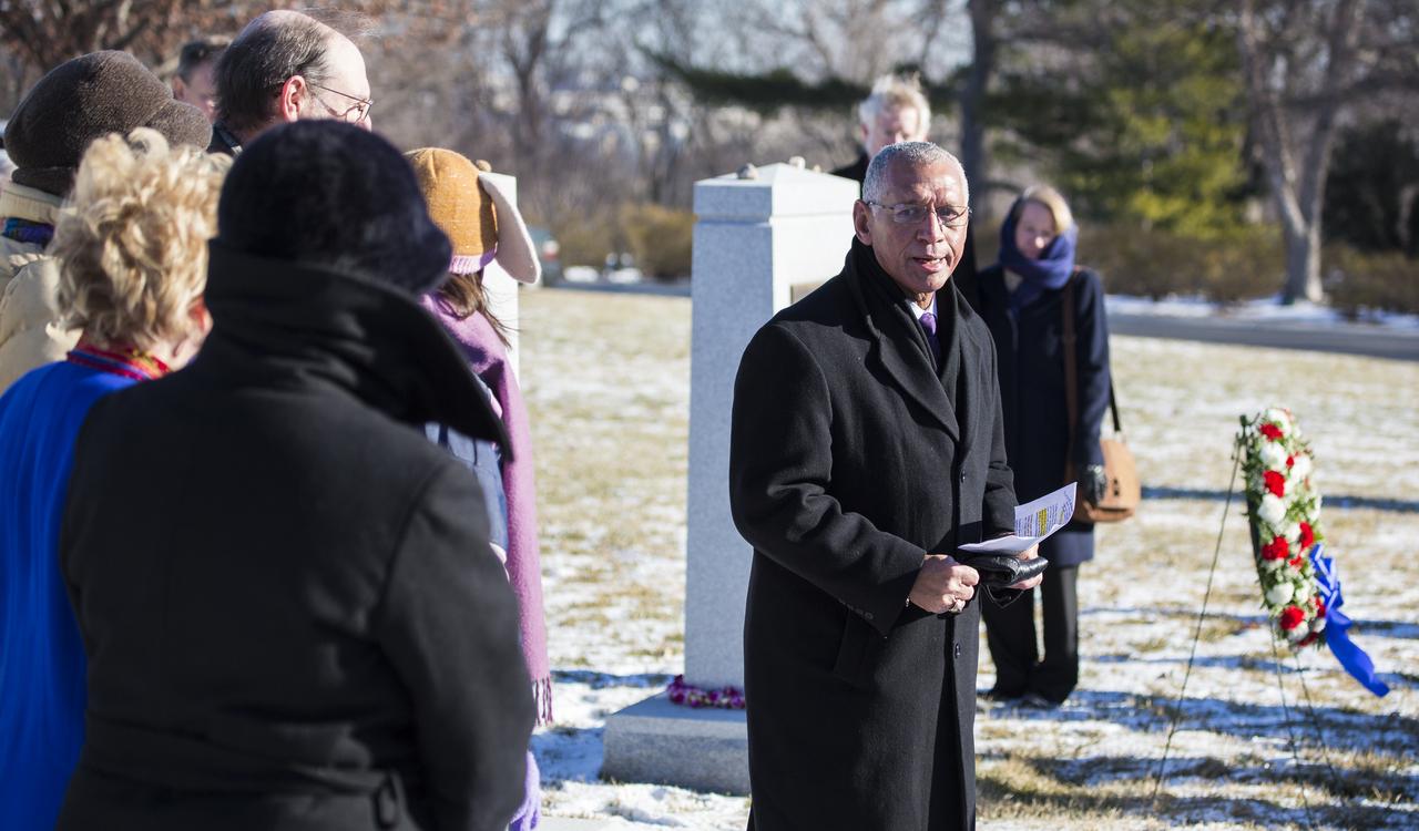 NASA Administrator Charles Bolden speaks to NASA personnel and others during a wreath laying ceremony as part of NASA's Day of Remembrance, Wednesday, Jan. 28, 2015, at Arlington National Cemetery in Arlington, Va.  The wreaths were laid in memory of those men and women who lost their lives in the quest for space exploration.  Photo Credit: (NASA/Joel Kowsky)