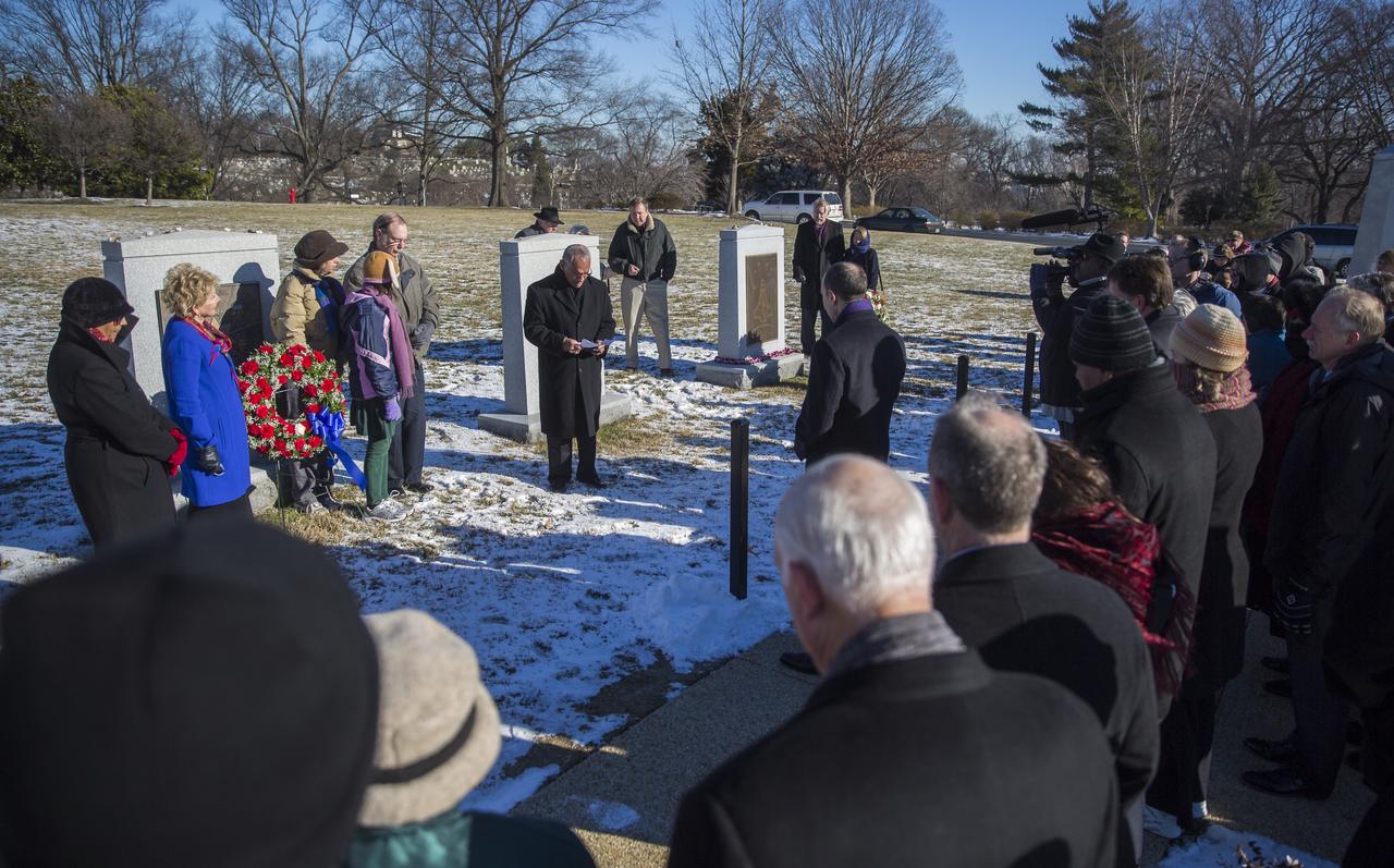 NASA Administrator Charles Bolden speaks to NASA personnel and others during a wreath laying ceremony as part of NASA's Day of Remembrance, Wednesday, Jan. 28, 2015, at Arlington National Cemetery in Arlington, Va.  The wreaths were laid in memory of those men and women who lost their lives in the quest for space exploration.  Photo Credit: (NASA/Joel Kowsky)