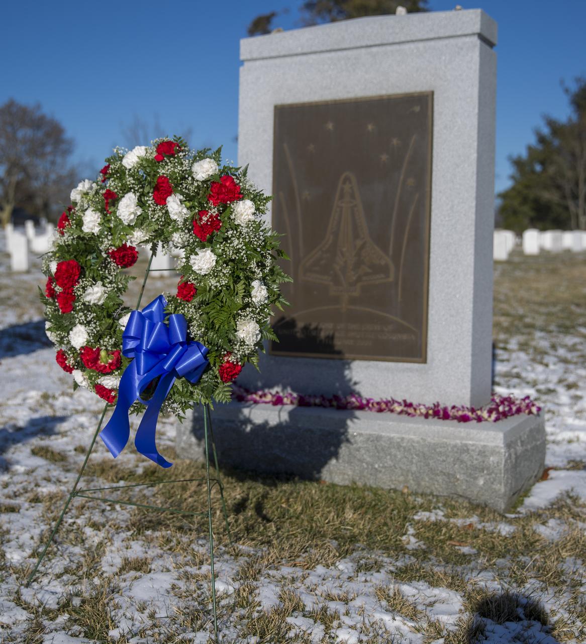 The Space Shuttle Columbia Memorial is seen after a wreath laying ceremony that was part of NASA's Day of Remembrance, Wednesday, Jan. 28, 2015, at Arlington National Cemetery in Arlington, Va. The wreaths were laid in memory of those men and women who lost their lives in the quest for space exploration. Photo Credit: (NASA/Joel Kowsky)