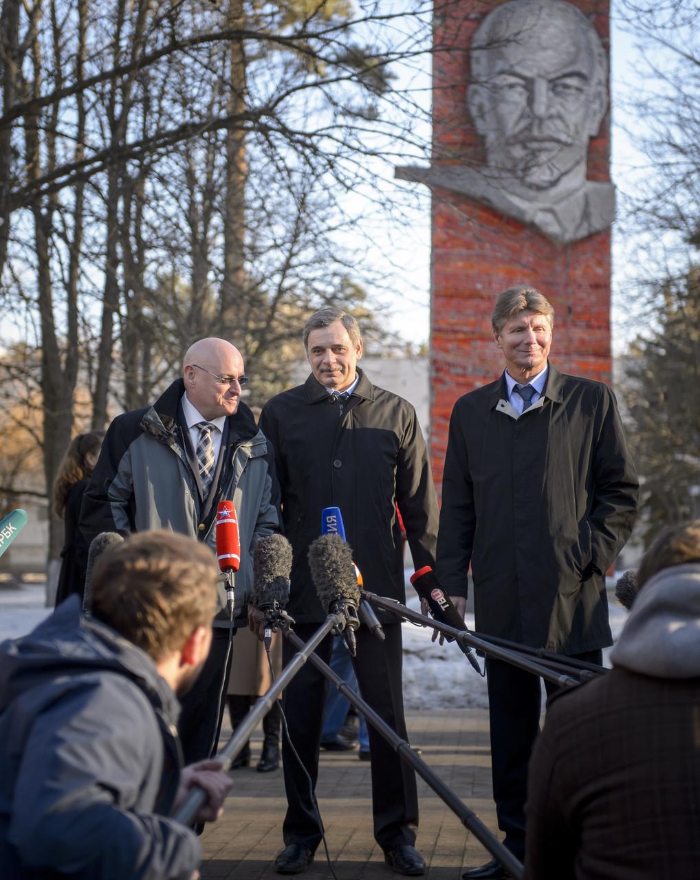 The Expedition 43 crew; NASA Astronaut Scott Kelly, left, Russian Cosmonaut Mikhail Kornienko of the Russian Federal Space Agency (Roscosmos), center, and Russian Cosmonaut Gennady Padalka of Roscosmos, talk to press prior to departing the Gagarin Cosmonaut Training Center (GCTC) in Star City, Russia for Baikonur, Kazakhstan, Saturday, March 14, 2015. The trio is preparing for launch to the International Space Station in their Soyuz TMA-16M spacecraft from the Baikonur Cosmodrome in Kazakhstan March 28, Kazakh time. As the one-year crew, Kelly and Kornienko will return to Earth on Soyuz TMA-18M in March 2016. Photo Credit: (NASA/Bill Ingalls)