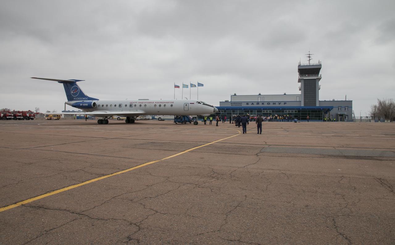 The Gagarin Cosmonaut Training Center (GCTC) aircraft is seen parked at the Kraini Airport after flying Expedition 43 NASA Astronaut Scott Kelly, Russian Cosmonauts Mikhail Kornienko, center, and Gennady Padalka of the Russian Federal Space Agency (Roscosmos) from Star City, Russia, Saturday, March 14, 2015, Baikonur, Kazakhstan. The trio are preparing for launch to the International Space Station in their Soyuz TMA-16M spacecraft from the Baikonur Cosmodrome in Kazakhstan March 28, Kazakh time. As the one-year crew, Kelly and Kornienko will return to Earth on Soyuz TMA-18M in March 2016. Photo Credit: (NASA/Victor Zelentsov)