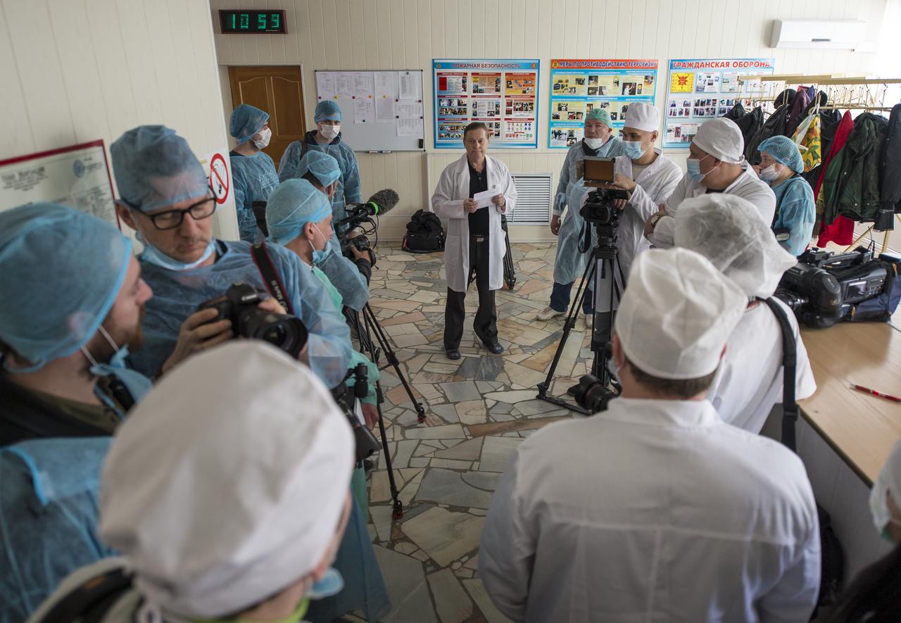 Gagarin Cosmonaut Training Center (GCTC) Chief Epidemiologist Sergei Savin stands in the Cosmonaut Hotel lobby and instructs the media on how their access to the Expedition 43 prime and backup crews will be organized during media day, Saturday, March 21, 2015, Baikonur, Kazakhstan. Expedition 43 NASA Astronaut Scott Kelly, and Russian Cosmonauts Gennady Padalka, and Mikhail Kornienko of the Russian Federal Space Agency (Roscosmos) are scheduled to launch to the International Space Station in the Soyuz TMA-16M spacecraft from the Baikonur Cosmodrome in Kazakhstan March 28, Kazakh time (March 27 Eastern time.) As the one-year crew, Kelly and Kornienko will return to Earth on Soyuz TMA-18M in March 2016. Photo Credit: (NASA/Bill Ingalls)