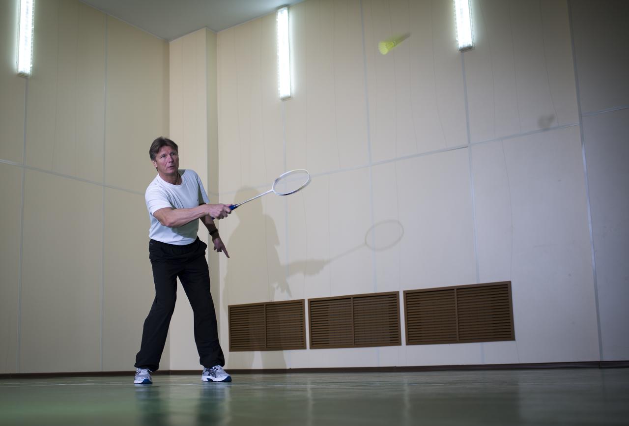 Russian Cosmonaut Gennady Padalka of the Russian Federal Space Agency (Roscosmos) plays badminton during media day, Saturday, March 21, 2015, Baikonur, Kazakhstan. Padalka, fellow Russian Cosmonaut Mikhail Kornienko of Roscosmos, and NASA Astronaut Scott Kelly are scheduled to launch to the International Space Station in the Soyuz TMA-16M spacecraft from the Baikonur Cosmodrome in Kazakhstan March 28, Kazakh time (March 27 Eastern time.) As the one-year crew, Kelly and Kornienko will return to Earth on Soyuz TMA-18M in March 2016. Photo Credit: (NASA/Bill Ingalls)