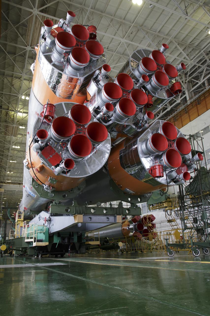The Soyuz rocket and Soyuz TMA-16M spacecraft are assembled at Building 112 on the Baikonur Cosmodrome on Tuesday, March 24, 2015 in Baikonur, Kazakhstan. NASA Astronaut Scott Kelly, and Russian Cosmonauts Mikhail Kornienko, and Gennady Padalka of the Russian Federal Space Agency (Roscosmos) are scheduled to launch to the International Space Station in the Soyuz TMA-16M spacecraft from the Baikonur Cosmodrome in Kazakhstan March 28, Kazakh time (March 27 Eastern time.) As the one-year crew, Kelly and Kornienko will return to Earth on Soyuz TMA-18M in March 2016. Photo Credit: (NASA/Victor Zelentsov)