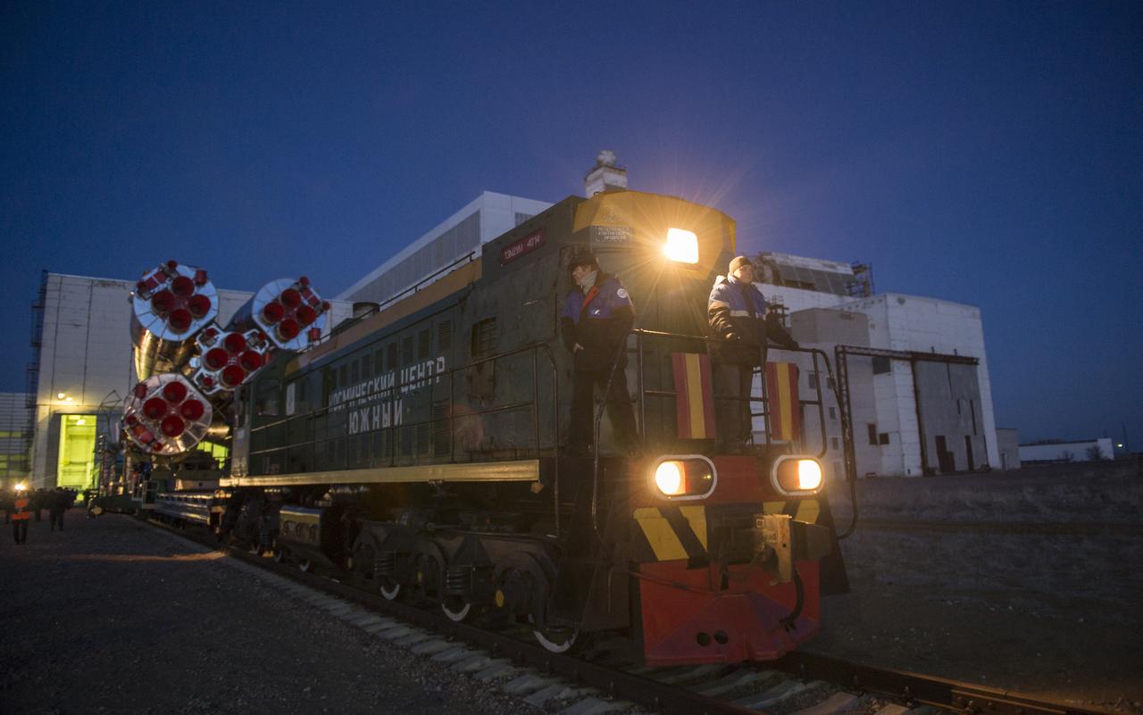 The Soyuz TMA-16M spacecraft is rolled out by train to the launch pad at the Baikonur Cosmodrome, Kazakhstan, Wednesday, March 25, 2015. NASA Astronaut Scott Kelly, and Russian Cosmonauts Mikhail Kornienko, and Gennady Padalka of the Russian Federal Space Agency (Roscosmos) are scheduled to launch to the International Space Station in the Soyuz TMA-16M spacecraft from the Baikonur Cosmodrome in Kazakhstan March 28, Kazakh time (March 27 Eastern time.) As the one-year crew, Kelly and Kornienko will return to Earth on Soyuz TMA-18M in March 2016.  Photo Credit (NASA/Bill Ingalls)