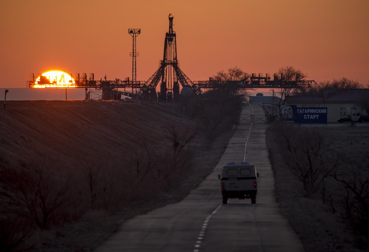 A security van is seen surveying the launch pad area ahead of the Soyuz TMA-16M spacecraft arrival by train, Wednesday, March 25, 2015, Baikonur Cosmodrome, Kazakhstan. NASA Astronaut Scott Kelly, and Russian Cosmonauts Mikhail Kornienko, and Gennady Padalka of the Russian Federal Space Agency (Roscosmos) are scheduled to launch to the International Space Station in the Soyuz TMA-16M spacecraft from the Baikonur Cosmodrome in Kazakhstan March 28, Kazakh time (March 27 Eastern time.) As the one-year crew, Kelly and Kornienko will return to Earth on Soyuz TMA-18M in March 2016. Photo Credit (NASA/Bill Ingalls)