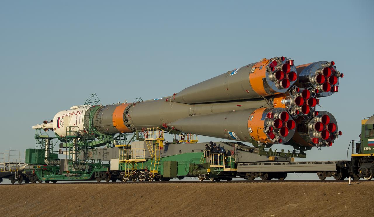 The Soyuz TMA-16M spacecraft is rolled out by train to the launch pad at the Baikonur Cosmodrome, Kazakhstan, Wednesday, March 25, 2015. NASA Astronaut Scott Kelly, and Russian Cosmonauts Mikhail Kornienko, and Gennady Padalka of the Russian Federal Space Agency (Roscosmos) are scheduled to launch to the International Space Station in the Soyuz TMA-16M spacecraft from the Baikonur Cosmodrome in Kazakhstan March 28, Kazakh time (March 27 Eastern time.) As the one-year crew, Kelly and Kornienko will return to Earth on Soyuz TMA-18M in March 2016.  Photo Credit (NASA/Bill Ingalls)