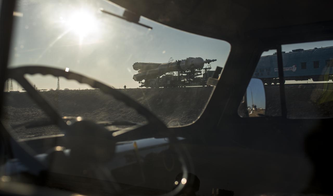 The Soyuz TMA-16M spacecraft is rolled out by train to the launch pad at the Baikonur Cosmodrome, Kazakhstan, Wednesday, March 25, 2015. NASA Astronaut Scott Kelly, and Russian Cosmonauts Mikhail Kornienko, and Gennady Padalka of the Russian Federal Space Agency (Roscosmos) are scheduled to launch to the International Space Station in the Soyuz TMA-16M spacecraft from the Baikonur Cosmodrome in Kazakhstan March 28, Kazakh time (March 27 Eastern time.) As the one-year crew, Kelly and Kornienko will return to Earth on Soyuz TMA-18M in March 2016.  Photo Credit (NASA/Bill Ingalls)