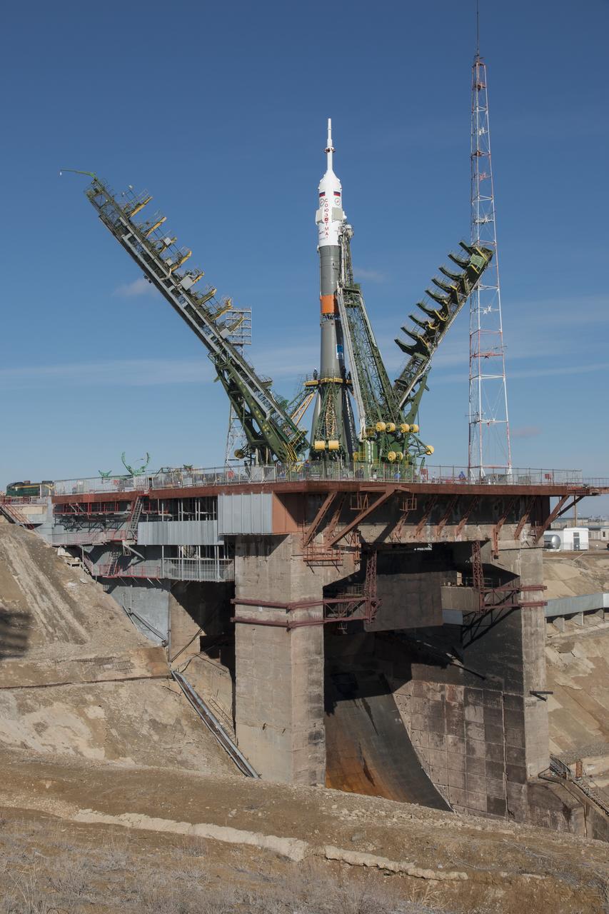 The Soyuz TMA-16M spacecraft is seen after is was rolled out by train to the launch pad at the Baikonur Cosmodrome, Kazakhstan, Wednesday, March 25, 2015. NASA Astronaut Scott Kelly, and Russian Cosmonauts Mikhail Kornienko, and Gennady Padalka of the Russian Federal Space Agency (Roscosmos) are scheduled to launch to the International Space Station in the Soyuz TMA-16M spacecraft from the Baikonur Cosmodrome in Kazakhstan March 28, Kazakh time (March 27 Eastern time.) As the one-year crew, Kelly and Kornienko will return to Earth on Soyuz TMA-18M in March 2016. Photo Credit (NASA/Victor Zelentsov)
