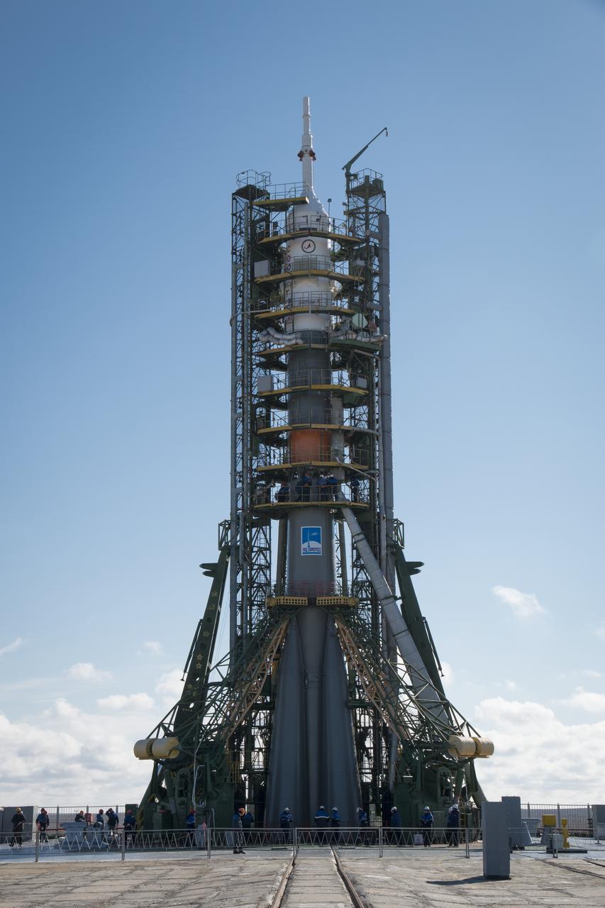 The Soyuz TMA-16M spacecraft is seen after is was rolled out by train to the launch pad at the Baikonur Cosmodrome, Kazakhstan, Wednesday, March 25, 2015. NASA Astronaut Scott Kelly, and Russian Cosmonauts Mikhail Kornienko, and Gennady Padalka of the Russian Federal Space Agency (Roscosmos) are scheduled to launch to the International Space Station in the Soyuz TMA-16M spacecraft from the Baikonur Cosmodrome in Kazakhstan March 28, Kazakh time (March 27 Eastern time.) As the one-year crew, Kelly and Kornienko will return to Earth on Soyuz TMA-18M in March 2016. Photo Credit (NASA/Victor Zelentsov)