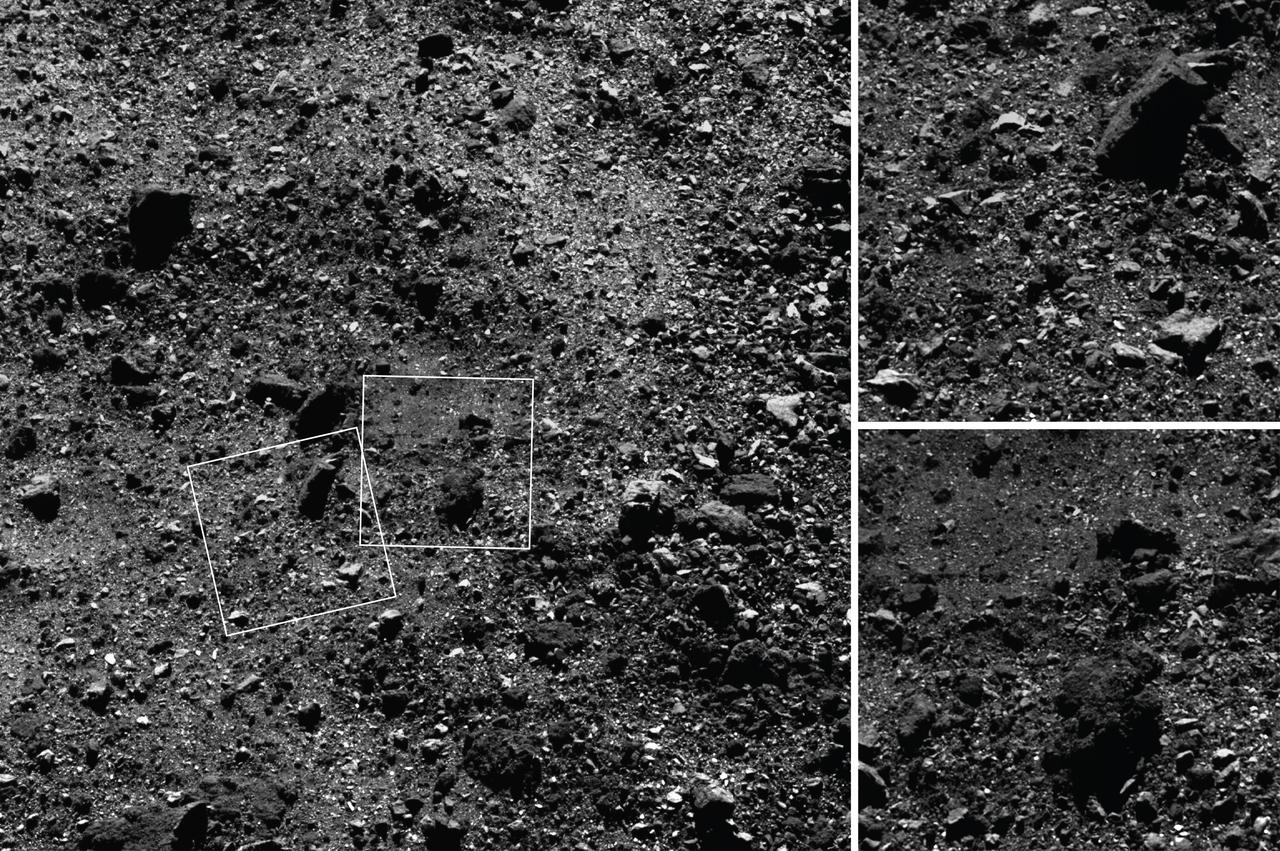 This trio of images acquired by NASA’s OSIRIS-REx spacecraft shows a wide shot and two close-ups of a region in asteroid Bennu’s northern hemisphere. The wide-angle image (left), obtained by the spacecraft’s MapCam camera, shows a 590-foot (180-meter) wide area with many rocks, including some large boulders, and a “pond” of regolith that is mostly devoid of large rocks. The two closer images, obtained by the high-resolution PolyCam camera, show details of areas in the MapCam image, specifically a 50-foot (15 meter) boulder (top) and the regolith pond (bottom). The PolyCam frames are 101 feet (31 meters) across and the boulder depicted is approximately the same size as a humpback whale. The images were taken on February 25 while the spacecraft was in orbit around Bennu, approximately 1.1 miles (1.8 km) from the asteroid’s surface. The observation plan for this day provided for one MapCam and two PolyCam images every 10 minutes, allowing for this combination of context and detail of Bennu’s surface. Credit: NASA/Goddard/University of Arizona