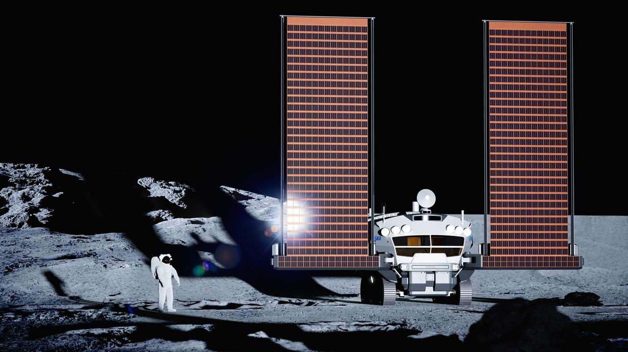 A concept image of a pressurized rover on the surface of the Moon with its solar arrays deployed. Image Credit: JAXA/Toyota