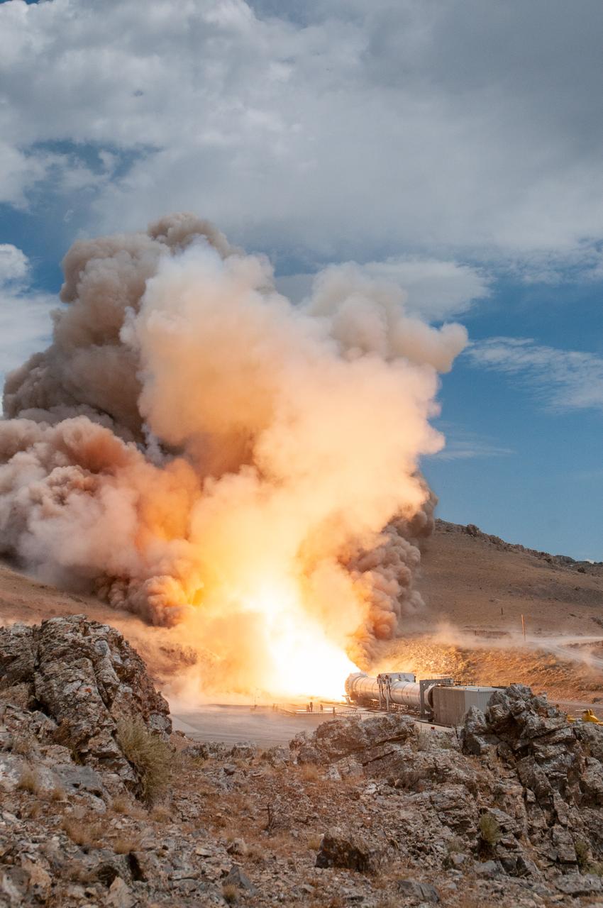 NASA and Northrop Grumman completed a solid rocket booster motor ground test for future flights of the agency’s Space Launch System rocket at Northrop Grumman’s test facility in Promontory, Utah, July 21. The booster motor, called Flight Support Booster-2 (FSB-2), fired for a little over two minutes and produced more than 3.6 million pounds of thrust. Test data will be used to evaluate improvements and new materials in the boosters for missions after Artemis III. When SLS launches the Artemis missions to the Moon, its two five-segment solid rocket boosters produce more than 75% of the initial thrust. The SLS boosters are the largest, most powerful boosters ever built for flight. For more information about SLS, visit nasa.gov/sls