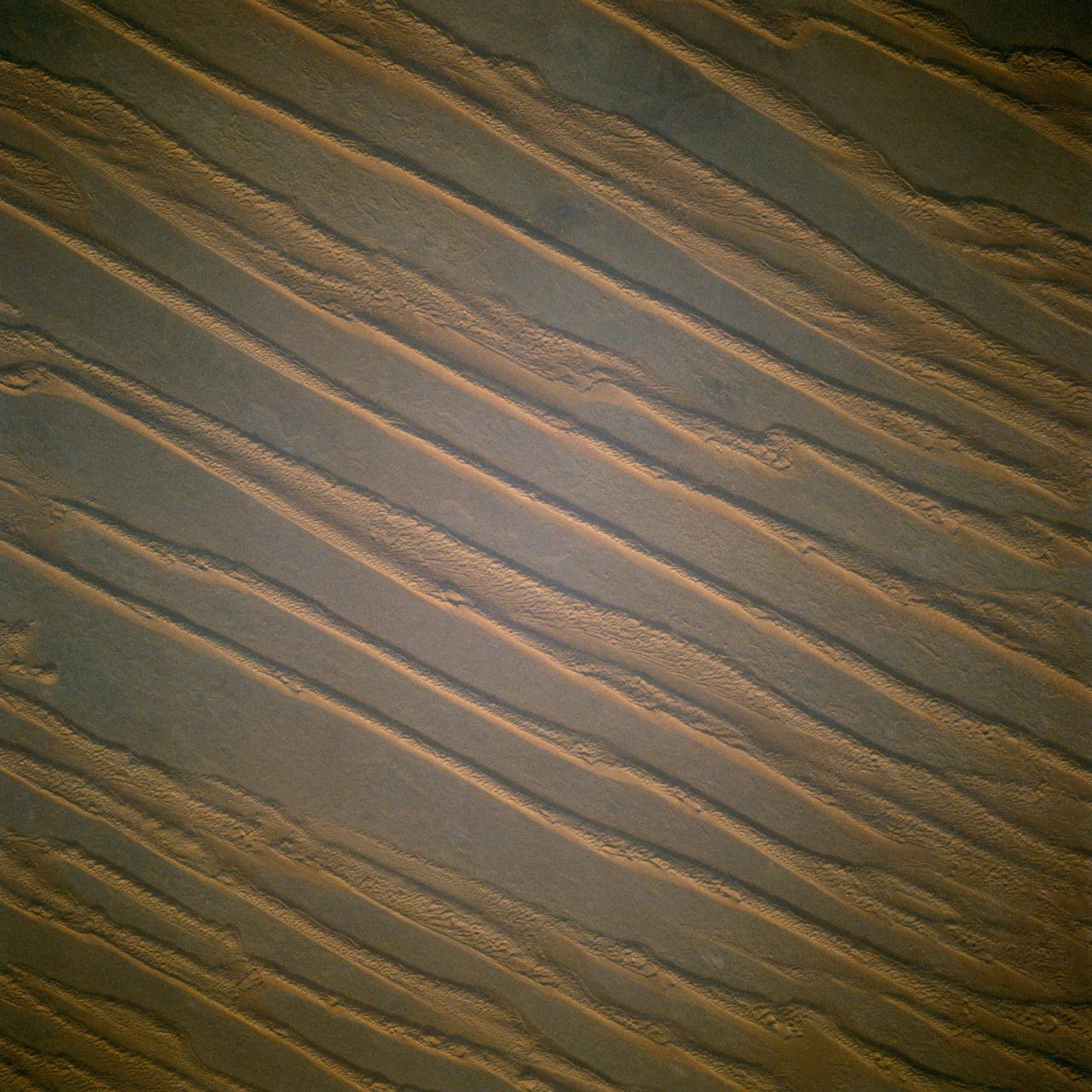 41C-31-990 (6-13 April 1984) --- Southwestern Algeria's Erg Chech shows long lines of parallel sand dunes called siefs.  The Erg (sand desert) is in a remote (26.5 degrees north by 1.5 degrees west) of harsh desert, uninhabited and rarely visited.  These parallel sand dunes are about 100 miles in length and 5 to 10 miles apart and are found in very few areas of the Earth.  Most sand dunes are traverse dunes, or perpendicular to the general direction of the wind.