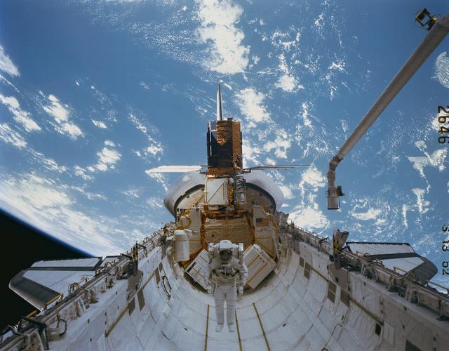 NASA image: 41-C mission specialist repairs captured Solar Maximum Mission Satellite
