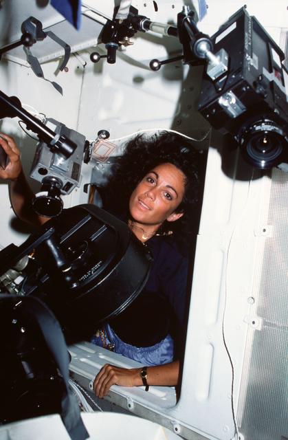 NASA image: Mission specialist Judith Resnik at interdeck access hatch