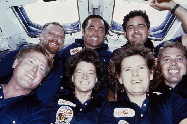 NASA image: STS 41-G crew photo taken on the flight deck of the Challenger during flight