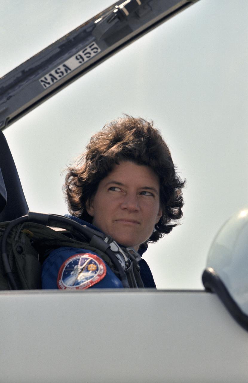 41G-90028 / S17-90028 (2 Oct 1984) --- Astronaut Sally K. Ride, 41-G mission specialist, gets a last look of Houston from the ground prior to departing the area in a T-38 jet aircraft to begin preparations in Florida for her 41-G space mission later in the week.  Dr. Ride is in the rear station of a NASA T-38 at Ellington Air Base, near the Johnson Space Center.  She and four other astronauts used the jet trainers to fly to Florida while the mission's two payload specialists flew there aboard a  Gulfstream aircraft.