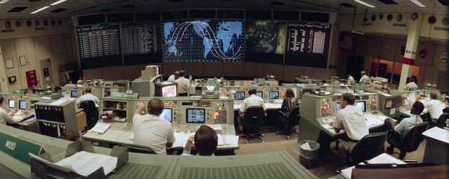 NASA image: Fisheye view from the back of the Flight control room of the MCC