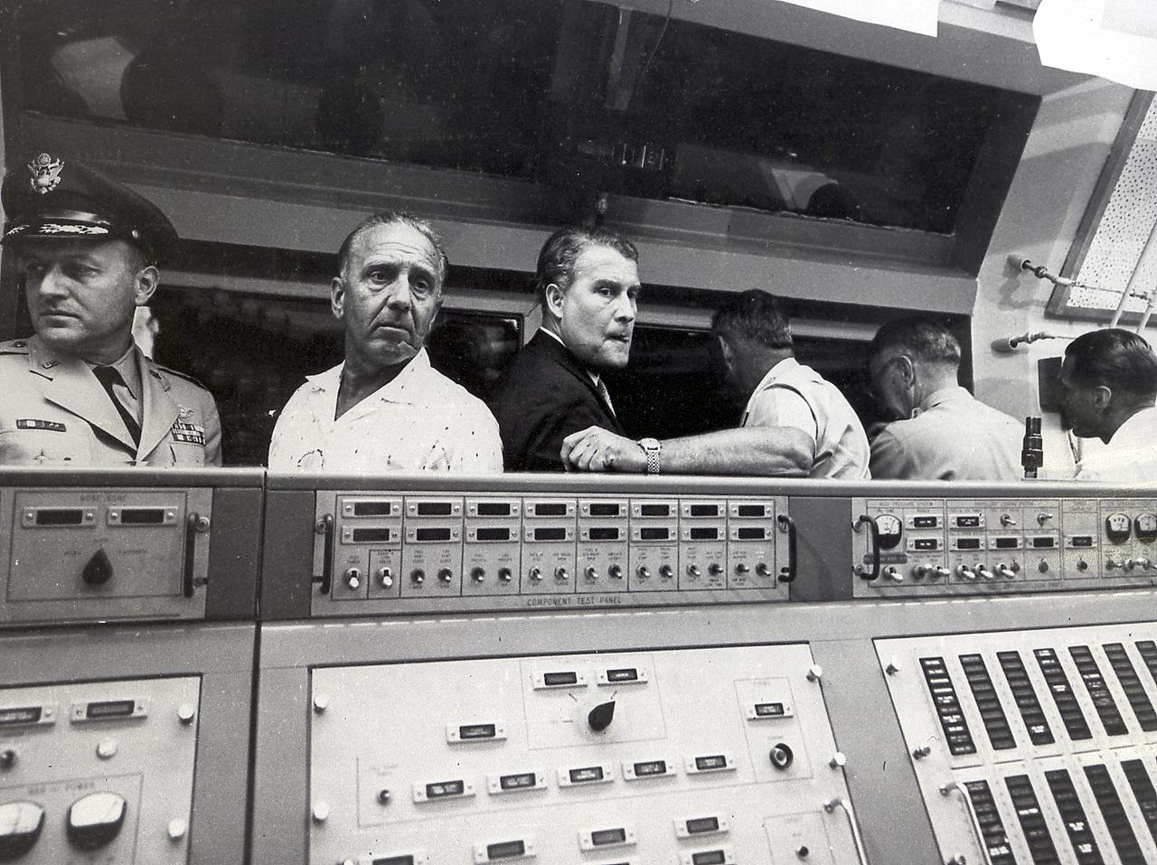 Dr. von Braun, Director of the Development Operations Divisons, and Dr. Debus, Director of the Missile Firing Laboratory; Army Ballistic Missile Agency (ABMA), in the blockhouse during the launch of the Pioneer IV, March 3, 1959.