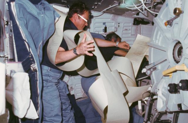 NASA image: Astronauts Bobko and Williams surrounded by teleprinted messages
