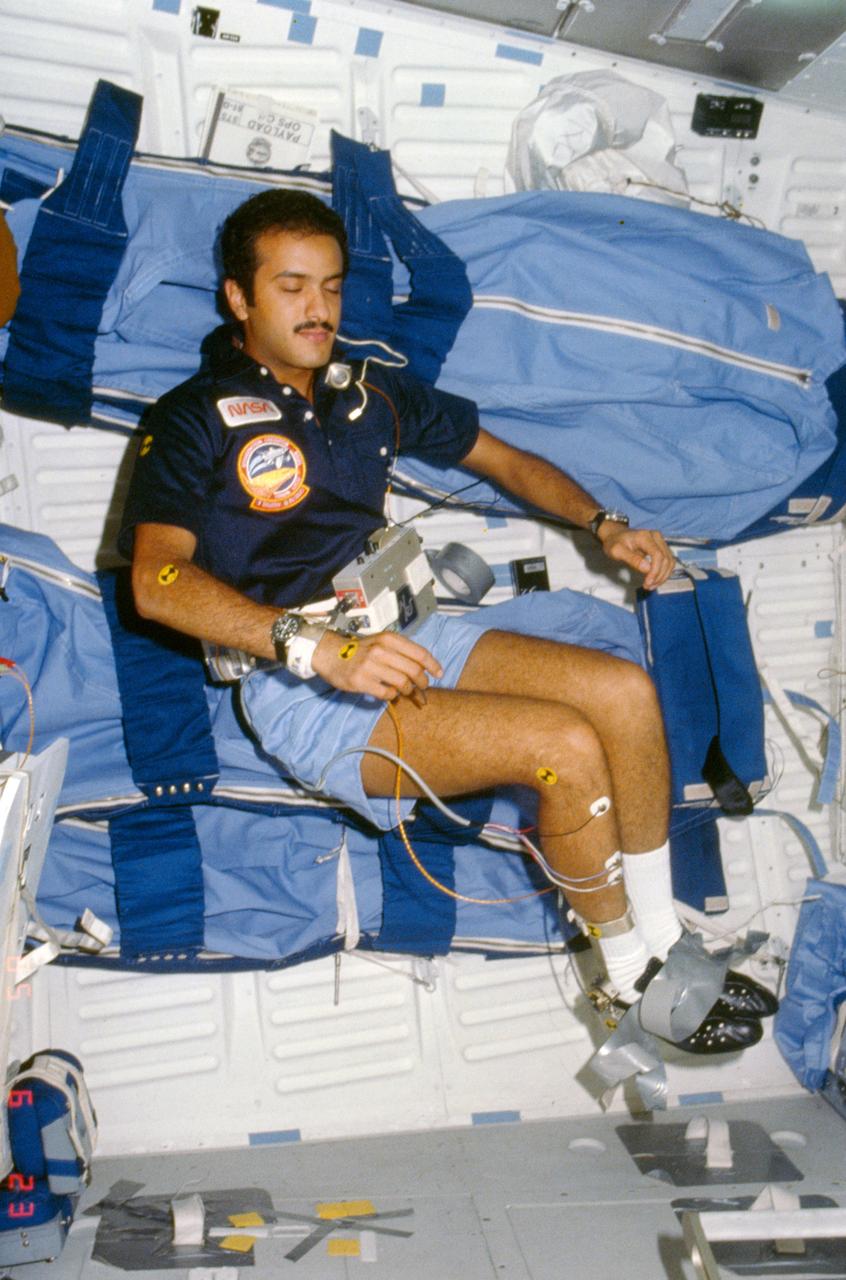 51G-105-030 (17-24 June 1985) --- Payload specialist Sultan Salman Abdelazize Al-Saud participates in the French Postural Experiment (FPE) on the middeck of the earth-orbiting Discovery.