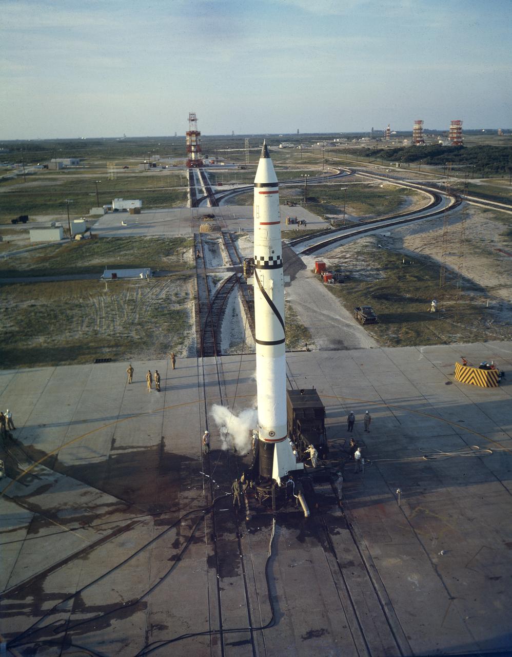 Redstone missile No. 1002 on the launch pad at Cape Canaveral, Florida, on May 16, 1958. The Redstone ballistic missile was a high-accuracy, liquid-propelled, surface-to-surface missile developed by the Army Ballistic Missile Agency, Redstone Arsenal, in Huntsville, Alabama, under the direction of Dr. von Braun. The Redstone engine was a modified and improved version of the Air Force's Navaho cruise missile engine of the late forties. The A-series, as this would be known, utilized a cylindrical combustion chamber as compared with the bulky, spherical V-2 chamber. By 1951, the Army was moving rapidly toward the design of the Redstone missile, and production was begun in 1952. Redstone rockets became the "reliable workhorse" for America's early space program. As an example of the versatility, Redstone was utilized in the booster for Explorer 1, the first American satellite, with no major changes to the engine or missile