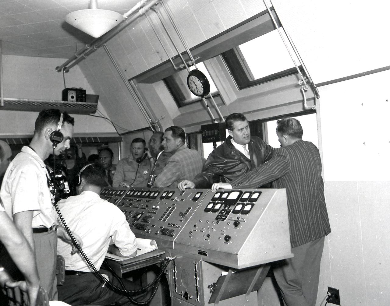 Dr. von Braun inside the blockhouse during the launch of the Jupiter C/Explorer III in March 1958.