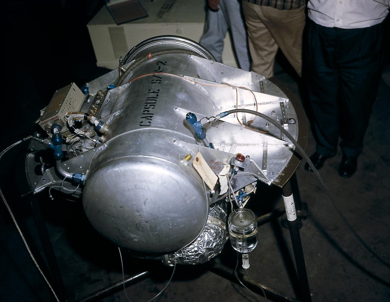 The capsule ready to be installed in the nose cone of Jupiter, AM-18, for pre-flight test, May 18, 1959. The capsule carried monkeys, Baker and Able, as the payload of AM-18 mission