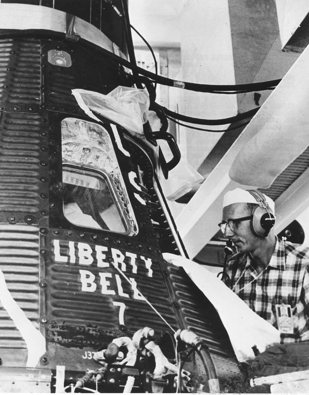 KENNEDY SPACE CENTER, FLA. -- PROJECT MERCURY'S SECOND suborbital astronaut training flight will be attempted during the week of July 16 with McDonnell Aircraft Corporation's production spacecraft number 11, which has been named 'Liberty Bell 7.' The number seven stresses the team effort of the seven Mercury pilots necessary for conducting Mercury flights. Mission pilot for the MR-4 launch will be astronaut Virgil I. 'Gus' Grissom. His spacecraft is seen here undergoing systems checks in the National Aeronautics and Space Administration's Mercury Hangar at Cape Canaveral, Florida, weeks before the planned launch