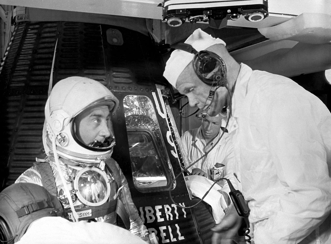 Astronaut Virgil Grissom chats with Astronaut John Glenn prior to entering the Liberty Bell 7 capsule for the MR-4 Mission. The MR-4 mission was the second manned suborbital flight using the Mercury-Redstone booster, which was developed by the Marshall Space Flight Center.