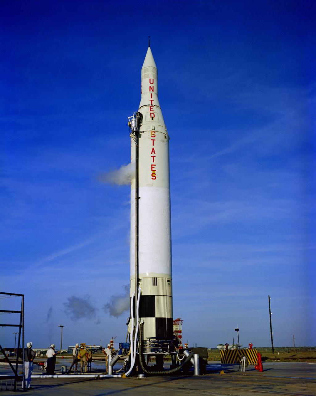 2/14/1961 JUNO II 19F STANDING ALONE ON LAUNCH TABLE AFTER GANTRY PULLED BACK.  PAD 26B