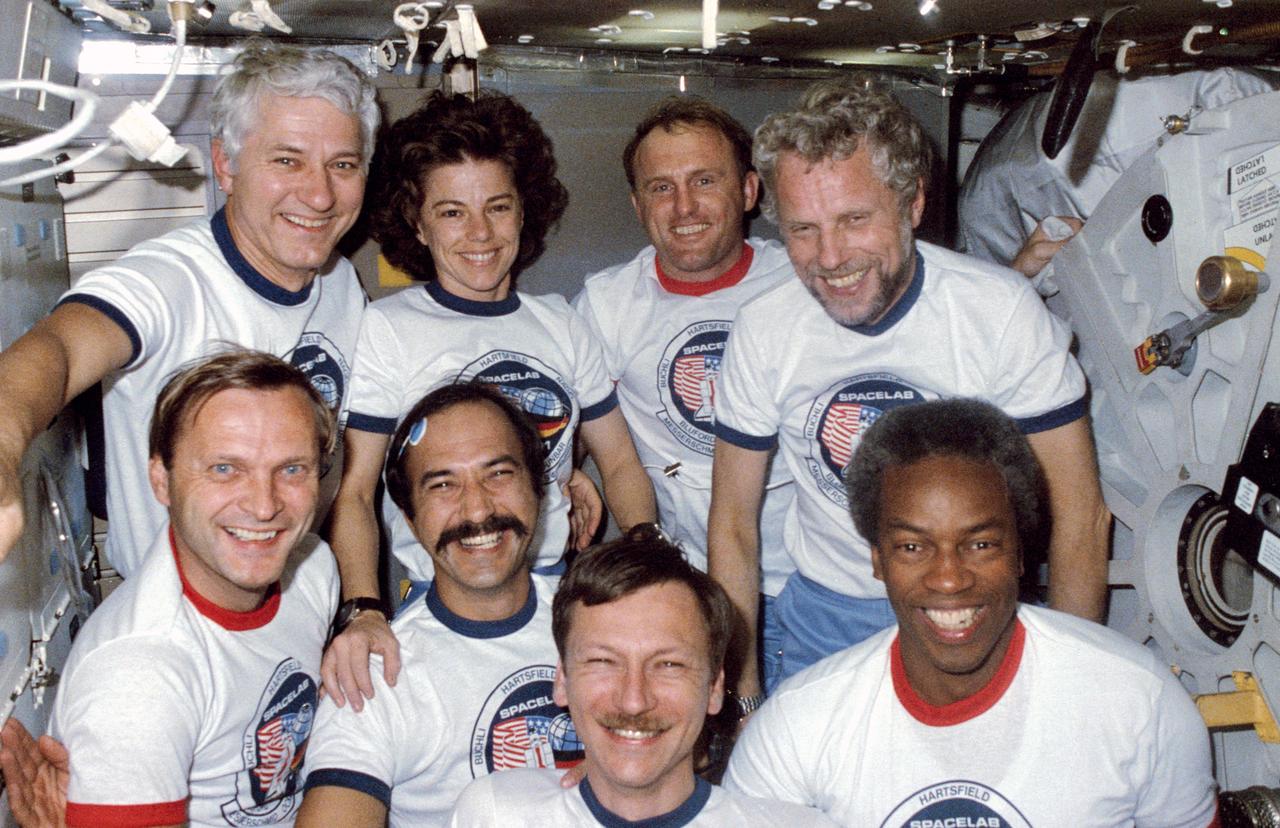 61A-117-019 (30 Oct.-6 Nov. 1985) --- Traditional in-flight portrait of all eight STS-61A crew members was made with an automatic exposure of a 35mm camera.  Left to right, back row, Henry W. Hartsfield Jr., commander; Bonnie J. Dunbar, mission specialist; James F. Buchli, mission specialist; and Reinhard Furrer, payload specialist.  Left to right, front row, Ernst Messerschmid, payload specialist; Wubbo J. Ockels, payload specialist representing the European Space Agency (ESA); Steven R. Nagel, pilot; and Guion S. Bluford Jr., mission specialist. Photo credit: NASA