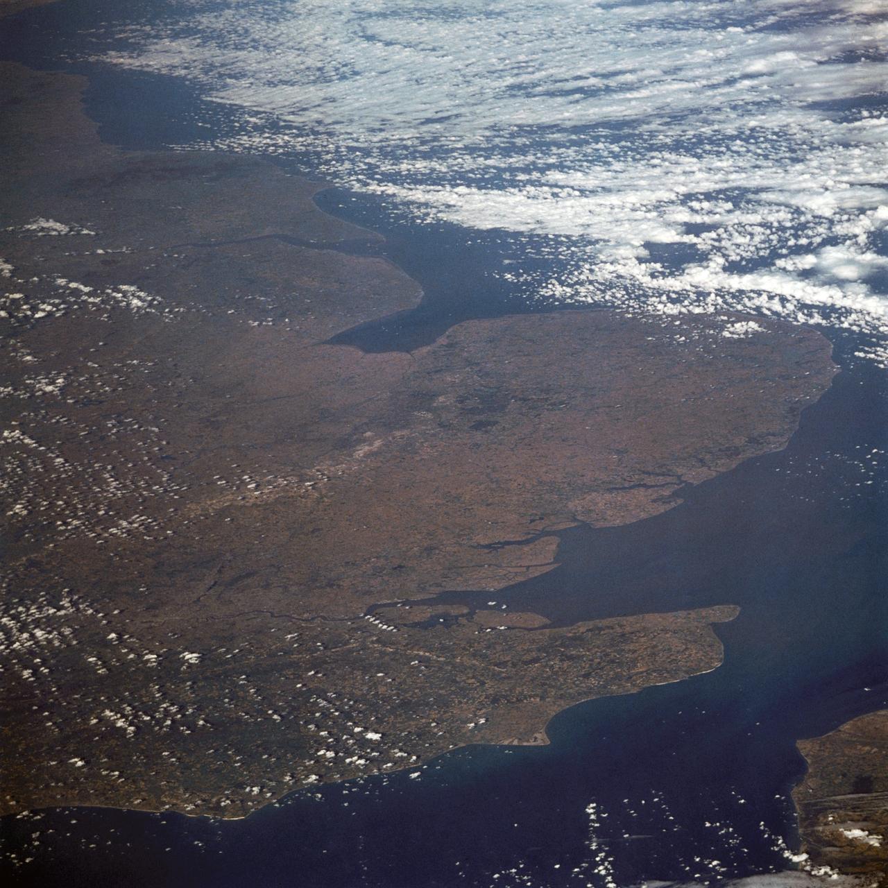 61A-52-049 (30 Oct-6 Nov 1985) --- A 70mm image of the Strait of Dover area showing southeast England as photographed from the Earth-orbiting Space Shuttle Challenger by the astronaut crew members of the STS-61A mission.  Center point coordinates in the handheld Hasselblad scene are 45.5 degrees north latitude and 0.5 degrees east longitude.  Five NASA astronauts were joined by three European scientists for the week-long space flight, marking the largest roster on any Shuttle mission to date.
