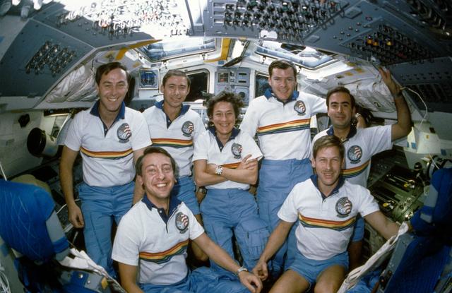 NASA image: STS 61-B crew portrait in-flight on the aft flight deck