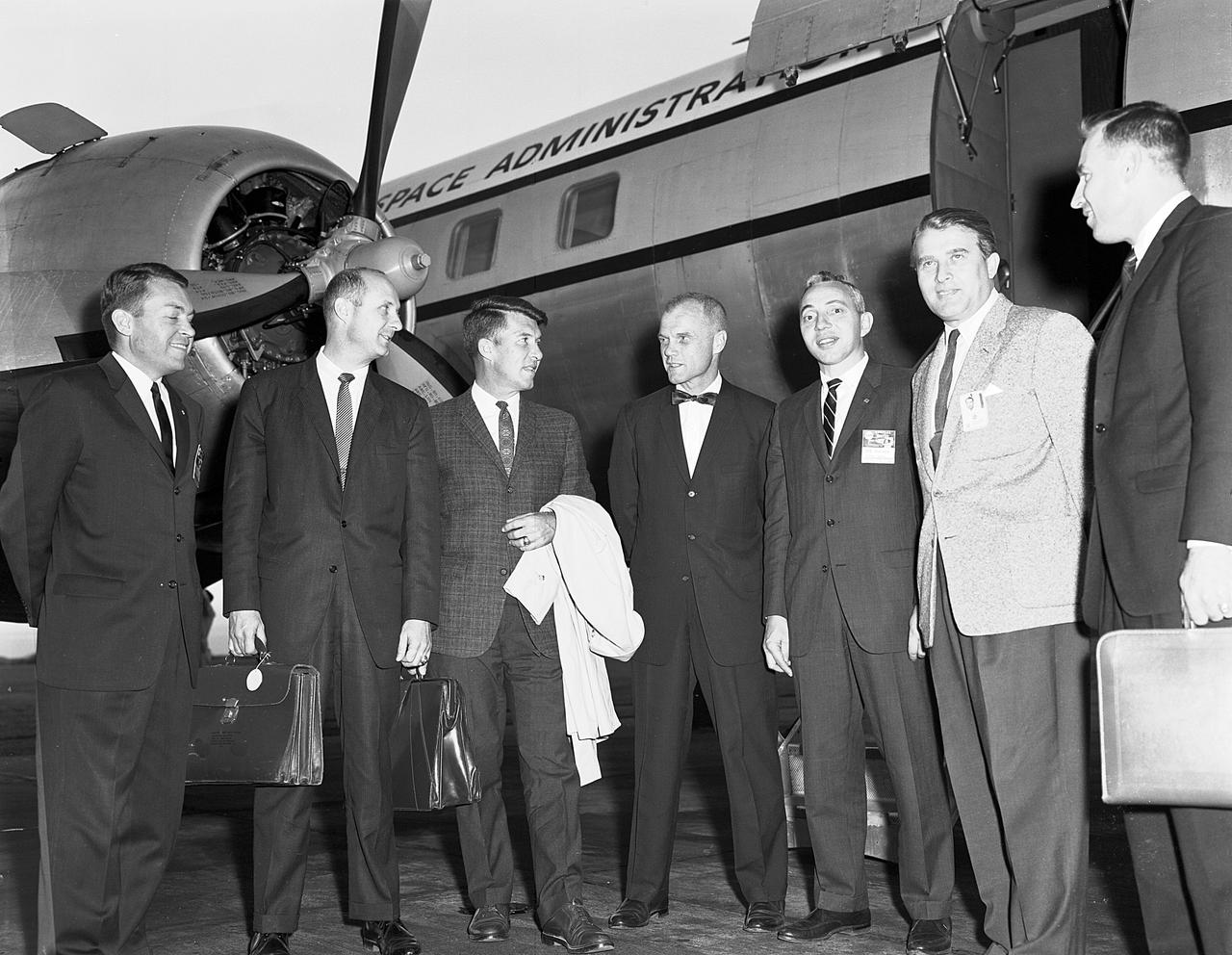 NASA officials from Headquarters and the astronauts often met with Dr. von Braun in Huntsville, Alabama. This photograph was taken in September 1962 during one such visit. From left to right are Elliot See, Tom Stafford, Wally Schirra, John Glenn, Brainerd Holmes, Dr. von Braun, and Jim Lovell.