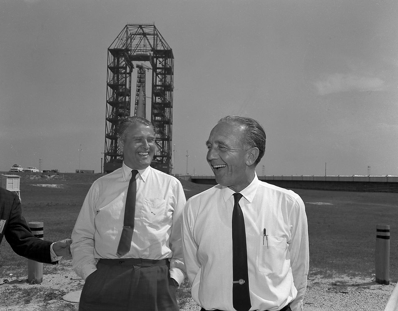 Dr. von Braun, Director of the Marshall Space Flight Center (MSFC), and Dr. Debus, Director of the Launch Operations Center, at Complex 34 prior to the Launch of the SA-4 (the fourth flight of Saturn I), March 28, 1963. The mission conducted the second "Project Highwater" experiment, which the upper stage ejected 30,000 gallons of ballast water in the upper atmosphere for a physics experiment. 