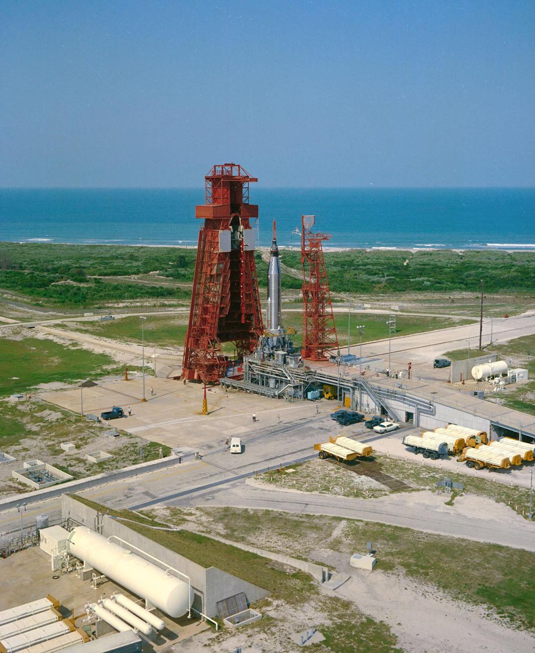 KENNEDY SPACE CENTER, FLA. -- Aerial view of Launch Complex 14. Mercury-Atlas 9 (MA-9), visible on Pad 14, is scheduled to carry astronaut Gordon Cooper for the fourth manned orbital mission.