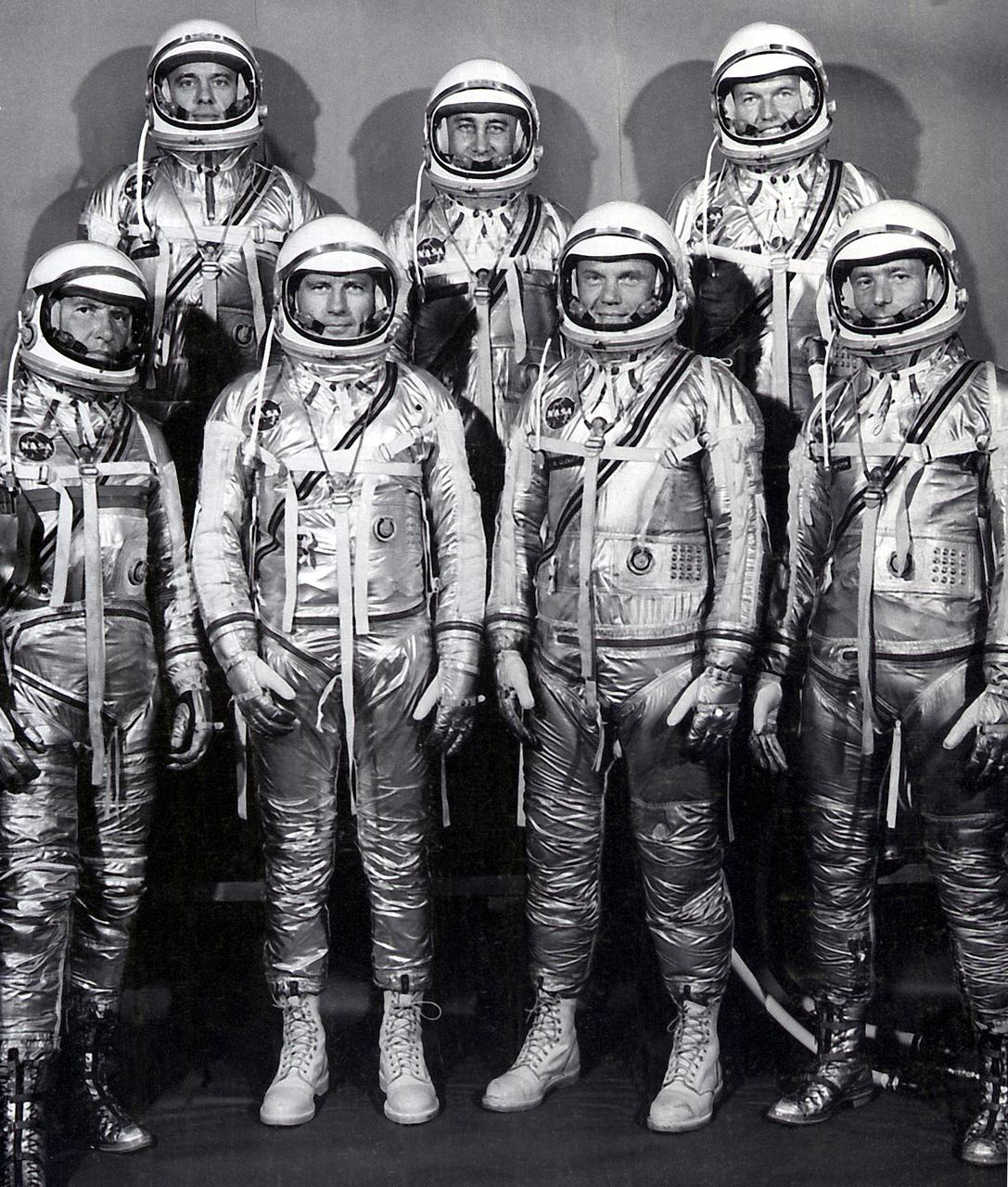 The group portrait of the original seven astronauts for the Mercury Project. NASA selected its first seven astronauts on April 27, 1959. Left to right at front: Walter M. Wally Schirra, Donald K. Deke Slayton, John H. Glenn, Jr., and Scott Carpenter. Left to right at rear: Alan B. Shepard, Virgil I. Gus Grissom, and L. Gordon Cooper, Jr.