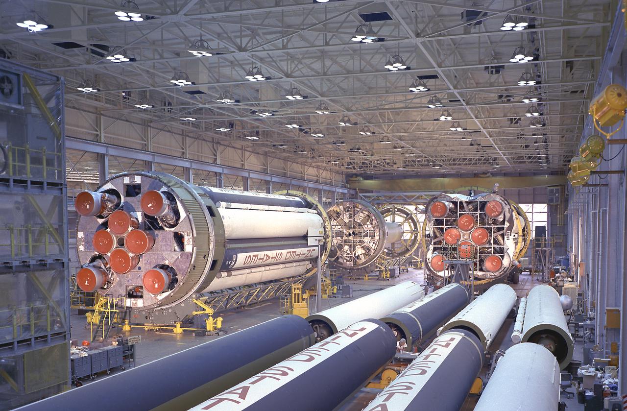In this photograph, the Saturn I S-I stages for the SA-4, SA-6, and SA-7 missions were being assembled at the Fabrication and Assembly Engineering Division in the Marshall Space Flight Center building 4705, January 13, 1963.
