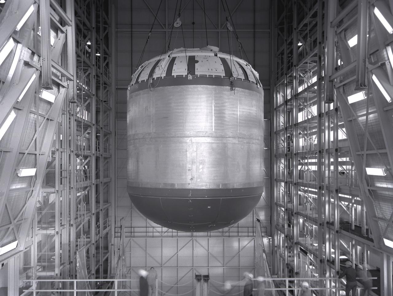 Marshall Space Flight Center successfully conducted hydrostatic testing on the Saturn V S-IC (first) stage fuel tank. The first stage was powered by five F-1 engines, that used liquid oxygen and kerosene as its propellant. 