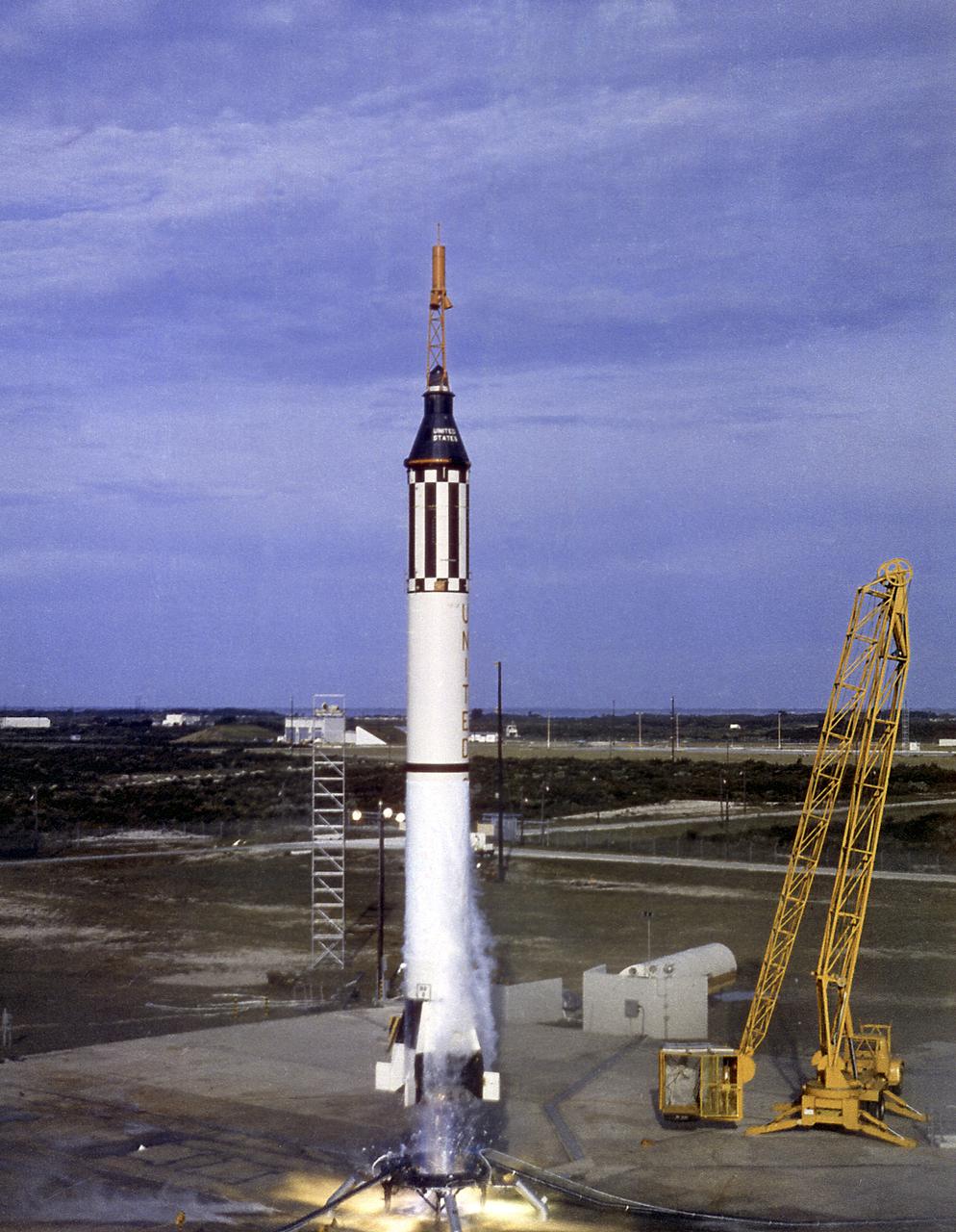 Liftoff of MR-4 (Mercury-Redstone), Liberty Bell 7, on July 21, 1961. MR-4 mission was the second marned suborbital flight and carried Astronaut Virgil Grissom aboard the Liberty Bell 7 spacecraft in space for a duration of 15-1/2 minutes.