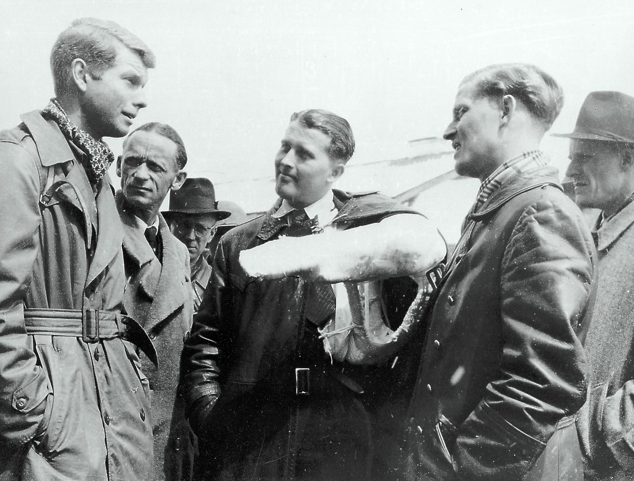Dr. Wernher von Braun surrenders to U.S. Army Counterintelligence persornel of the 44th Infantry Division in Ruette, Bavaria on May 2, 1945. Left to right are Charles Stewart, CIC agent; Dr. Herbert Axster; Dieter Huzel; Dr. von Braun (arm in cast); Magnus von Braun (brother); and Hans Lindenberg.