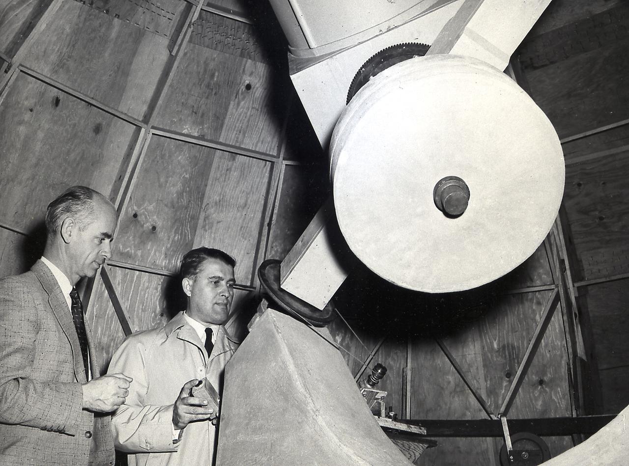 Dr. von Braun and Dr. Ernst Stuhlinger at the Observatory of the Rocket City Astronomical Association in 1956.