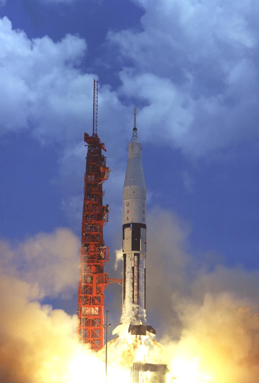 AS-202, the second Saturn IB launch vehicle developed by the Marshall Space Flight Center, lifts off from Cape Canaveral, Florida, August 25, 1966. Primary mission objectives included the confirmation of projected launch loads, demonstration of spacecraft component separation, and verification of heat shield adequacy at high reentry rates. In all, nine Saturn IB flights were made, ending with the Apollo-Soyuz Test Project (ASTP) in July 1975. 