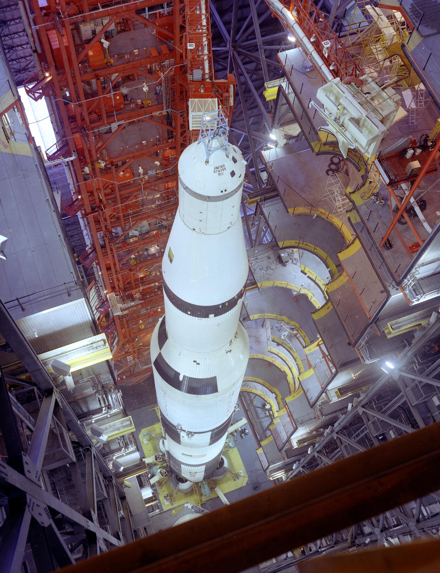 View from above of the Saturn V rocket inside the Vehicle Assembly Building