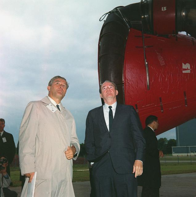 Mr. Hubert Humphrey and Dr. von Braun during Mr. Humphrey's visit of the Marshall Space Flight Center May 22, 1967. Humphrey, chairman of the National Aeronautics and Space Council, toured the Center facilities where he examined several mockups related to the Apollo Applications Program.