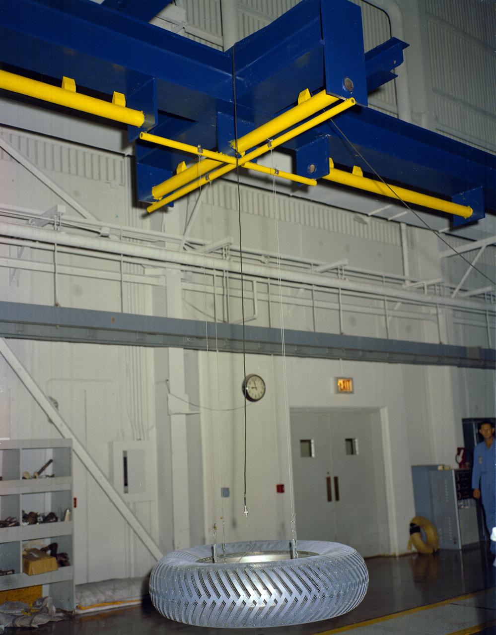 Under the direction of Marshall Space Flight Center (MSFC), the Lunar Roving Vehicle (LRV)  was designed to allow Apollo astronauts a greater range of mobility during lunar exploration missions. During the development process, LRV prototype wheels underwent soil tests in building 4481 at Marshall Space Flight Center (MSFC). Pictured is the GM wheel design.